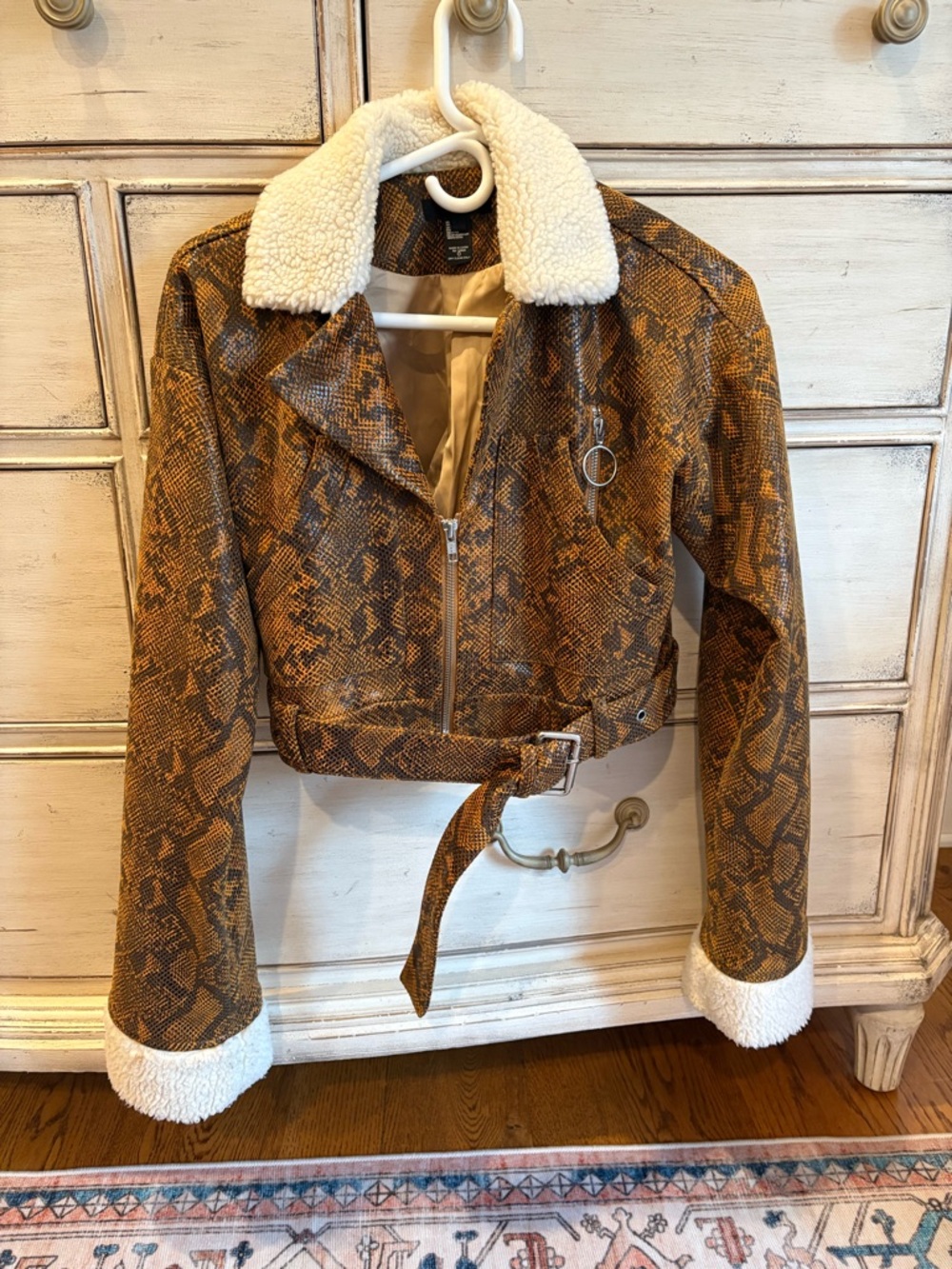 Hours Cropped Snake-Print Moto Jacket with Cream Faux-Shearling Collar